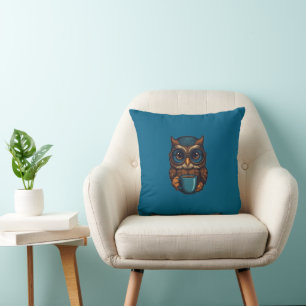 “Cute Owl with Coffee Cup” Funny Design Throw Pillow