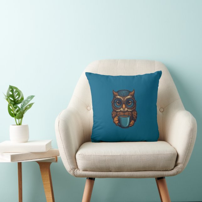 “Cute Owl with Coffee Cup” Funny Design Throw Pillow (Chair)