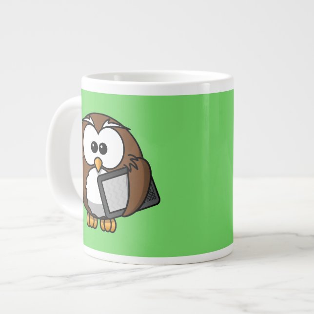 Cute Owl with Ereader Tablet with Green Background Large Coffee Mug (Front Left)