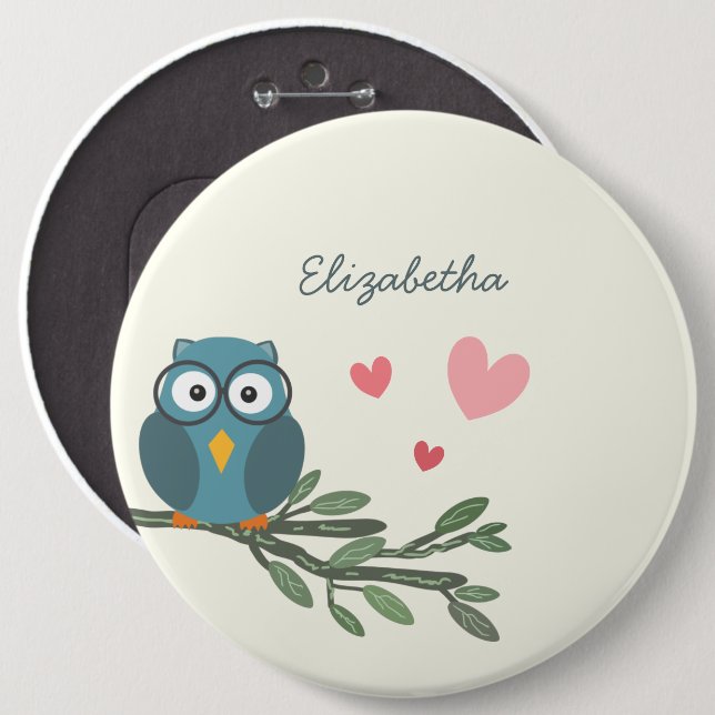 Cute Owl with eyeglasses on a branch custom name 6 Inch Round Button (Front & Back)