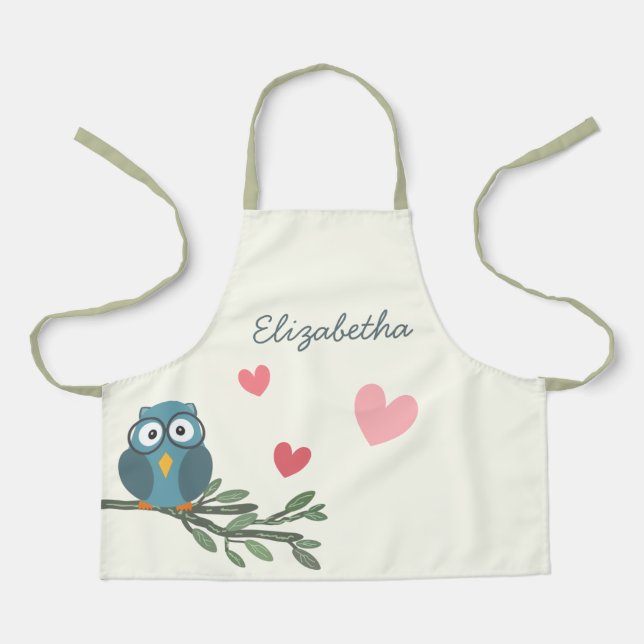Cute Owl with eyeglasses on a branch custom name Apron (Front)