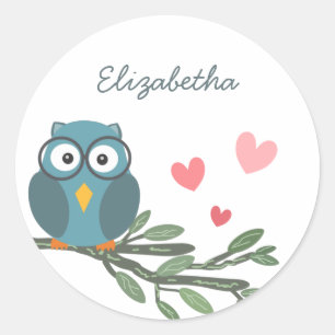 Cute Owl with eyeglasses on a branch custom name Classic Round Sticker
