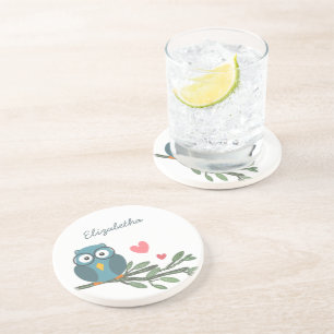 Cute Owl with eyeglasses on a branch custom name Coaster