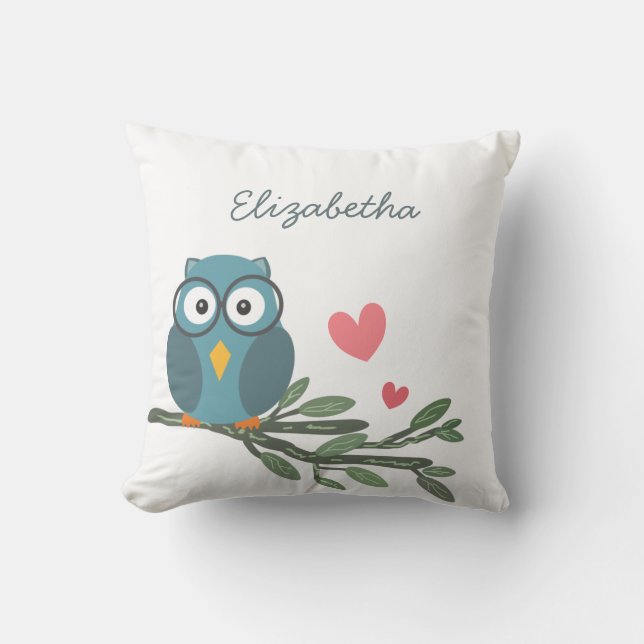 Cute Owl with eyeglasses on a branch custom name Throw Pillow (Front)