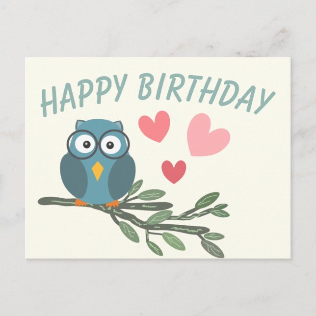 Cute Owl with eyeglasses on branch happy birthday  Postcard (Front)
