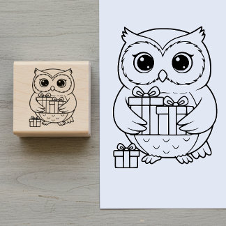 Cute Owl with Gifts Wooden Art Stamp