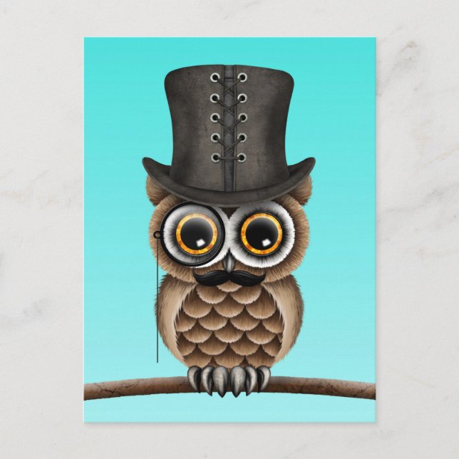 Cute Owl with Monocle and Top Hat Blue Postcard (Front)