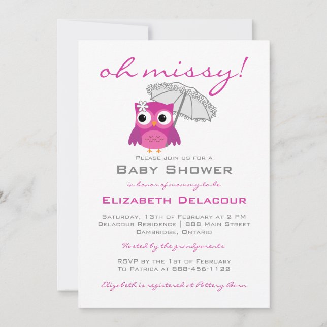 Cute Owl with Parasol Baby Shower Invitation (Back)