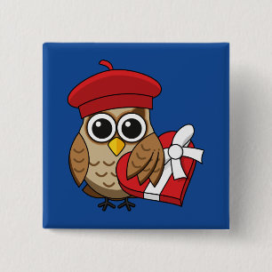 Cute Owl with Red Beret and Heart Box 2 Inch Square Button
