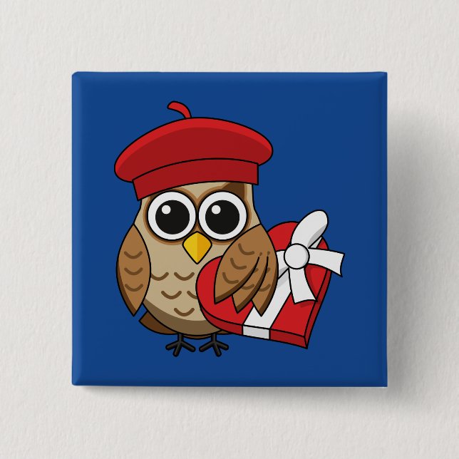 Cute Owl with Red Beret and Heart Box 2 Inch Square Button (Front)