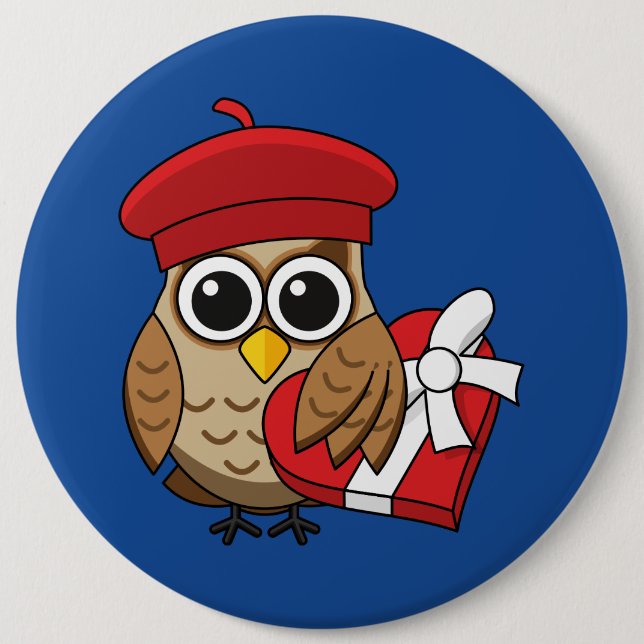 Cute Owl with Red Beret and Heart Box 6 Inch Round Button (Front)