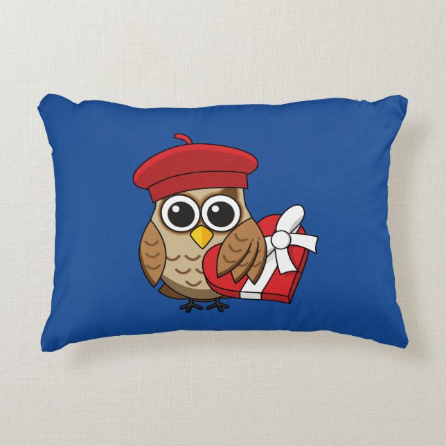 Cute Owl with Red Beret and Heart Box Accent Pillow (Front)