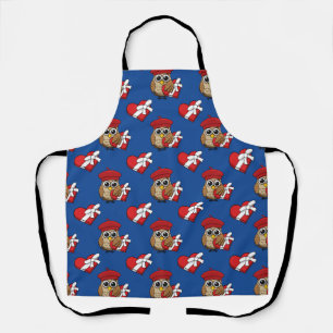 Cute Owl with Red Beret and Heart Box Apron