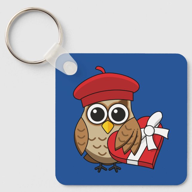 Cute Owl with Red Beret and Heart Box Keychain (Front)
