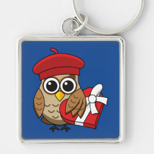 Cute Owl with Red Beret and Heart Box Keychain