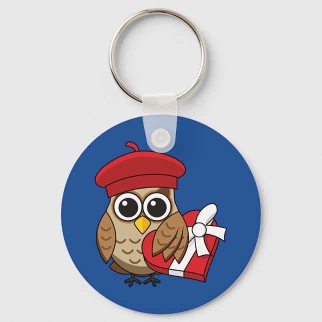 Cute Owl with Red Beret and Heart Box Keychain (Front)