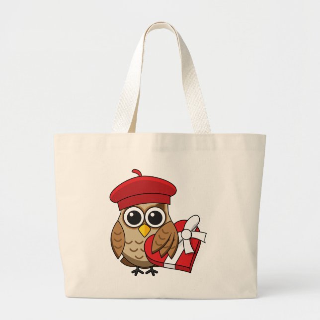 Cute Owl with Red Beret and Heart Box Large Tote Bag (Front)