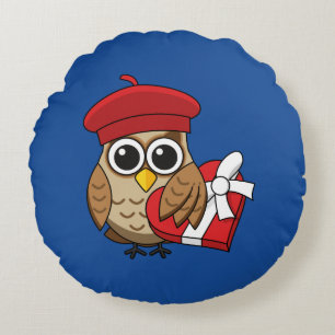 Cute Owl with Red Beret and Heart Box Round Pillow