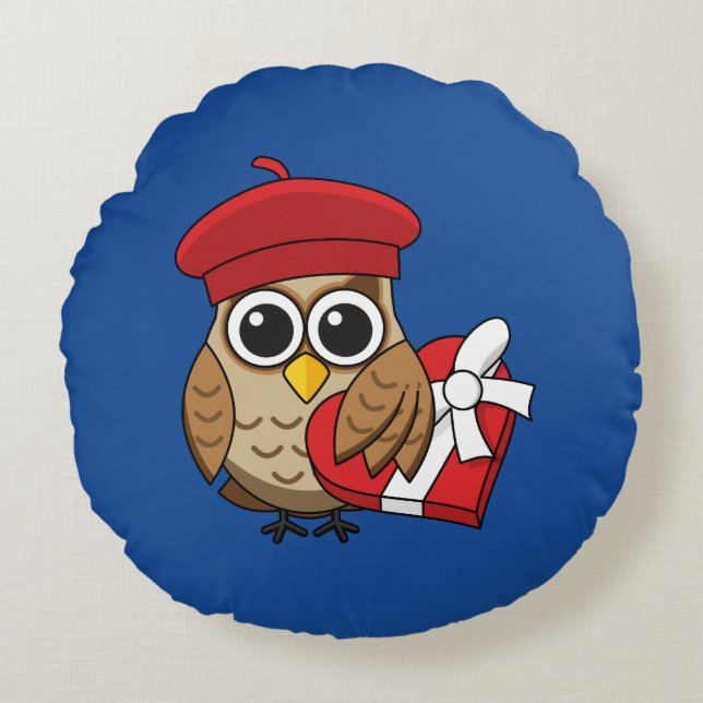Cute Owl with Red Beret and Heart Box Round Pillow (Front)