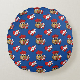 Cute Owl with Red Beret and Heart Box Round Pillow