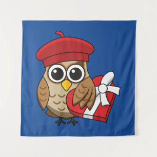 Cute Owl with Red Beret and Heart Box Tapestry