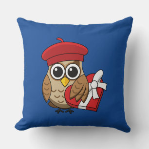 Cute Owl with Red Beret and Heart Box Throw Pillow