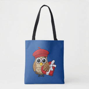 Cute Owl with Red Beret and Heart Box Tote Bag