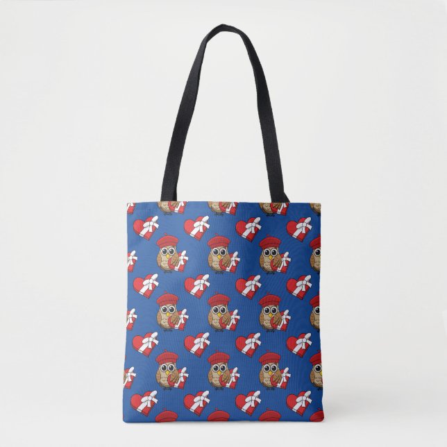 Cute Owl with Red Beret and Heart Box Tote Bag (Front)