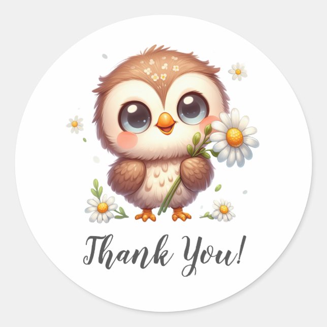 Cute Owl with Sunflower Thank You Classic Round Sticker (Front)