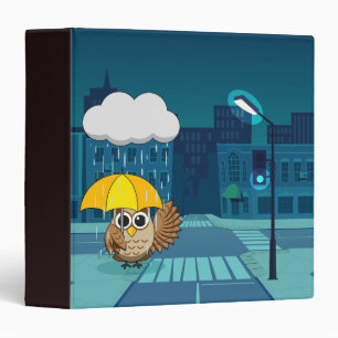 Cute Owl with Umbrella on Rainy Day Binder