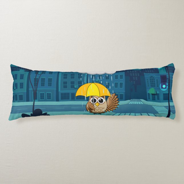 Cute Owl with Umbrella on Rainy Day Body Pillow (Front)