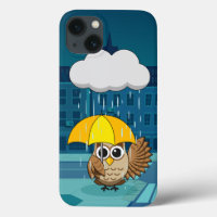 Cute Owl with Umbrella on Rainy Day