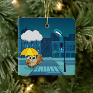 Cute Owl with Umbrella on Rainy Day Ceramic Ornament