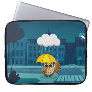 Cute Owl with Umbrella on Rainy Day Laptop Sleeve