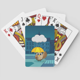 Cute Owl with Umbrella on Rainy Day Playing Cards