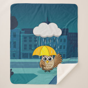 Cute Owl with Umbrella on Rainy Day Sherpa Blanket