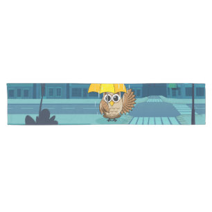 Cute Owl with Umbrella on Rainy Day Short Table Runner