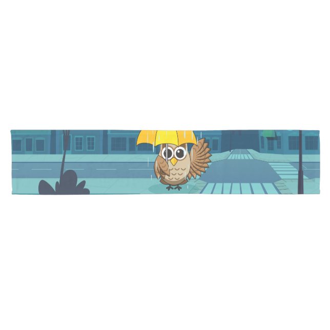 Cute Owl with Umbrella on Rainy Day Short Table Runner (Horizontal)