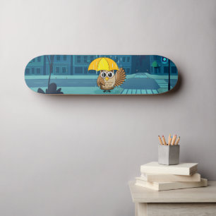 Cute Owl with Umbrella on Rainy Day Skateboard