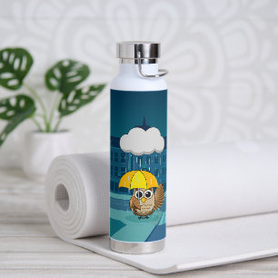 Cute Owl with Umbrella on Rainy Day Water Bottle