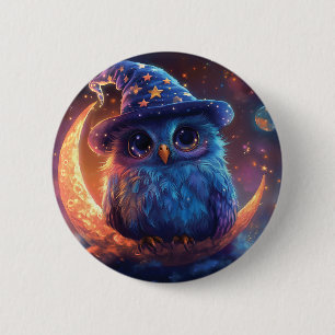 Cute Owl Wizard on the Moon: Magical Fantasy Art 2 Inch Round Button