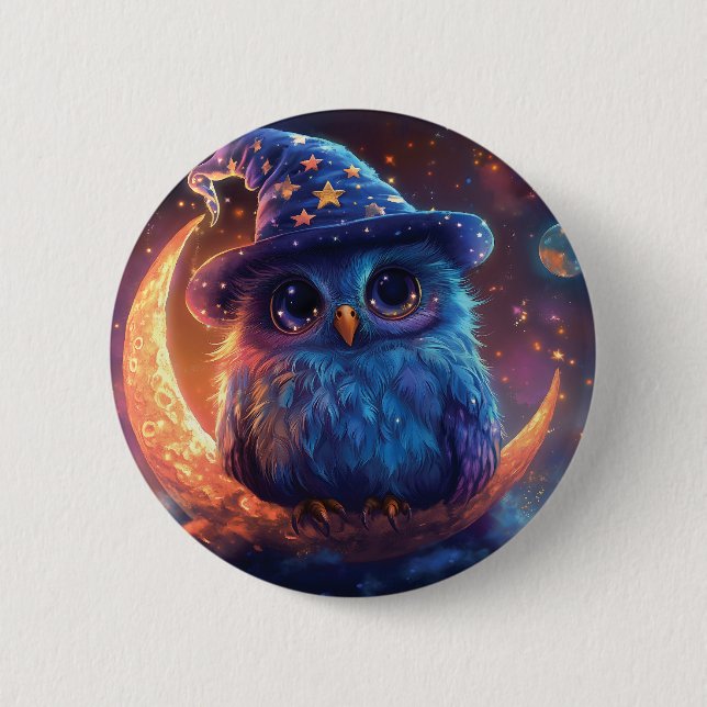 Cute Owl Wizard on the Moon: Magical Fantasy Art 2 Inch Round Button (Front)