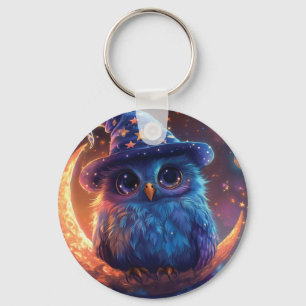 Cute Owl Wizard on the Moon: Magical Fantasy Art Keychain