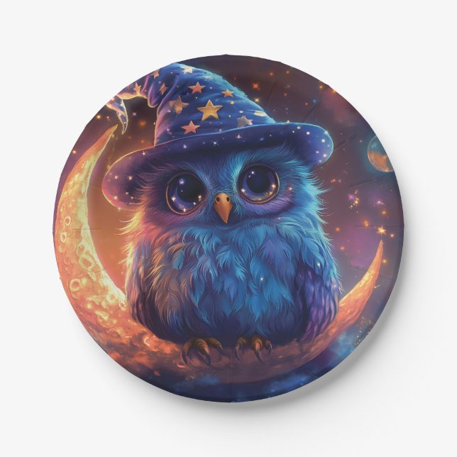 Cute Owl Wizard on the Moon: Magical Fantasy Art Paper Plate (Front)