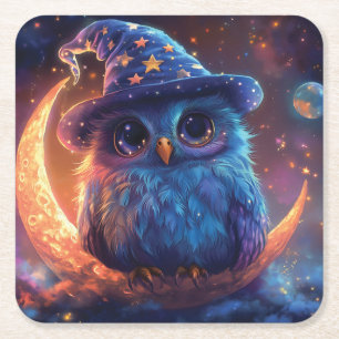 Cute Owl Wizard on the Moon: Magical Fantasy Art Square Paper Coaster