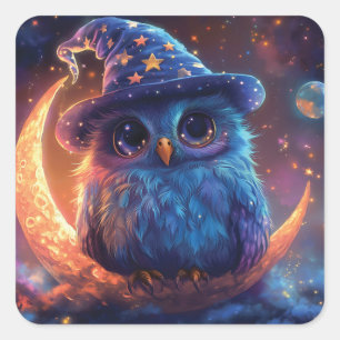 Cute Owl Wizard on the Moon: Magical Fantasy Art Square Sticker