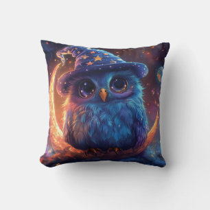 Cute Owl Wizard on the Moon: Magical Fantasy Art Throw Pillow