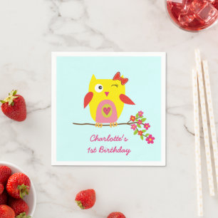 Cute Owl Yellow Pink Flowers Personalized Birthday Napkin