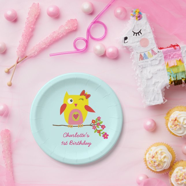 Cute Owl Yellow Pink Flowers Personalized Birthday Paper Plate (Party)