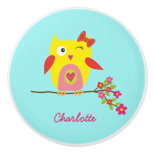 Cute Owl Yellow Pink Flowers Personalized Name Ceramic Knob